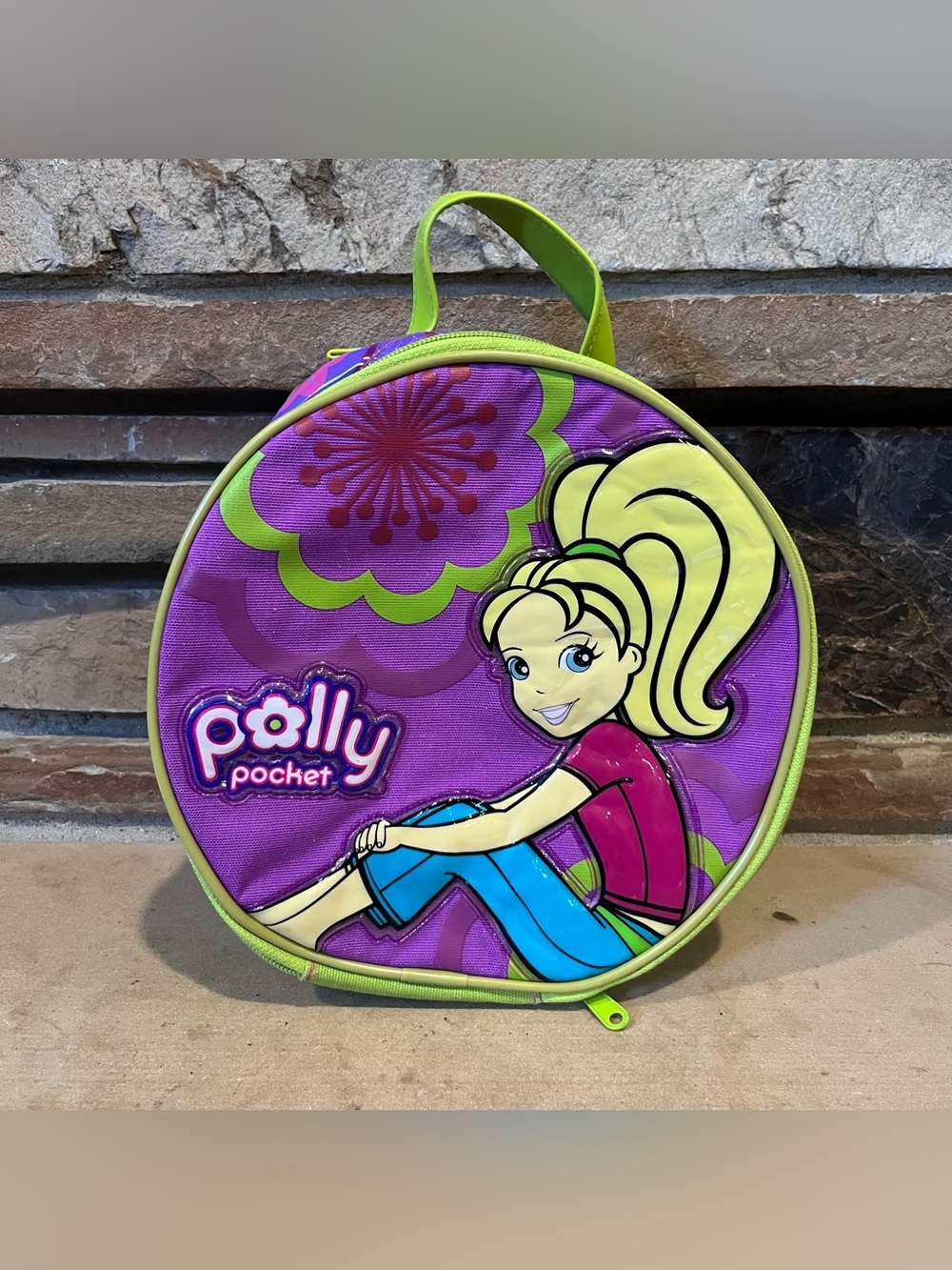 Y2K Polly Pocket Round Carry Bag in Purple and Lime Green